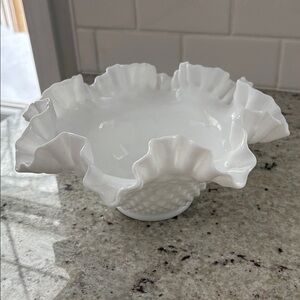 Vintage Fenton hobnail milk glass ruffled edge bowl